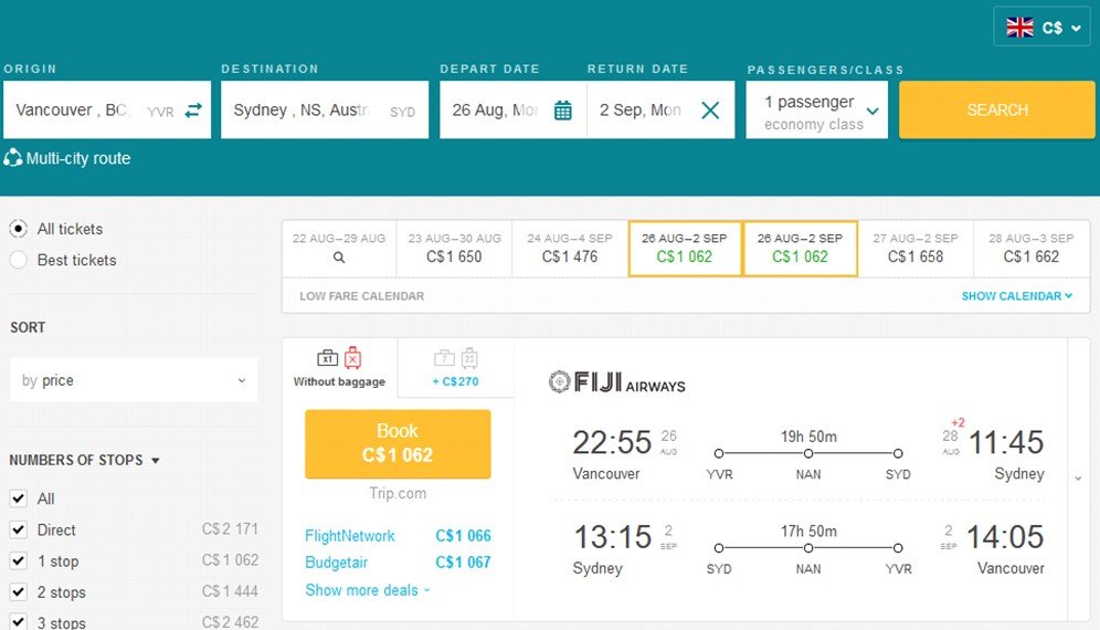 Cheap Flights From Vancouver Canada To Sydney Australia For Only CA 