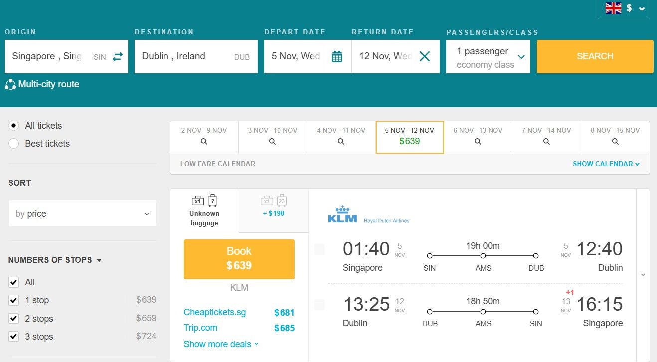 Fly from Singapore to Dublin, Ireland for only US$ 639 (round-trip) 1 SIN DUB 2