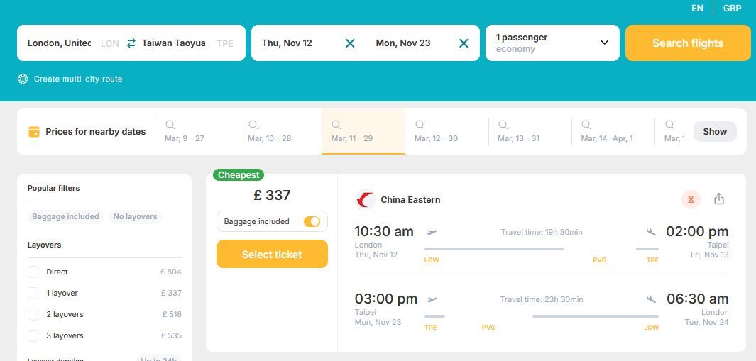 Fly in from London, UK to Taipei, Taiwan for only £337 (round-trip)! 1 2026 06 21 22 03 15 Search Flights London Gatwick Airport 11.03 Taipei Taipei 29.03 London
