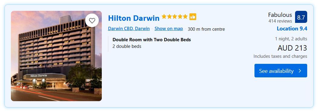 Australia: 21% OFF!! Beautiful 5* Hilton Darwin Hotel from only AUD$ 213 per night/room ! 1 2026 02 07 13 28 16 Booking.com Hotels in Darwin. Book your hotel now — Mozilla