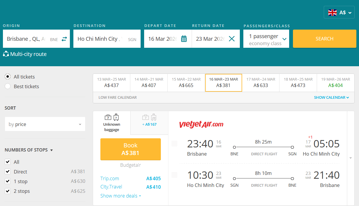 Nonstop Flights from Brisbane, Australia to Ho Chi Minh City, Vietnam for only A$381 (round-trip)! 49% OFF! 1 vietjet