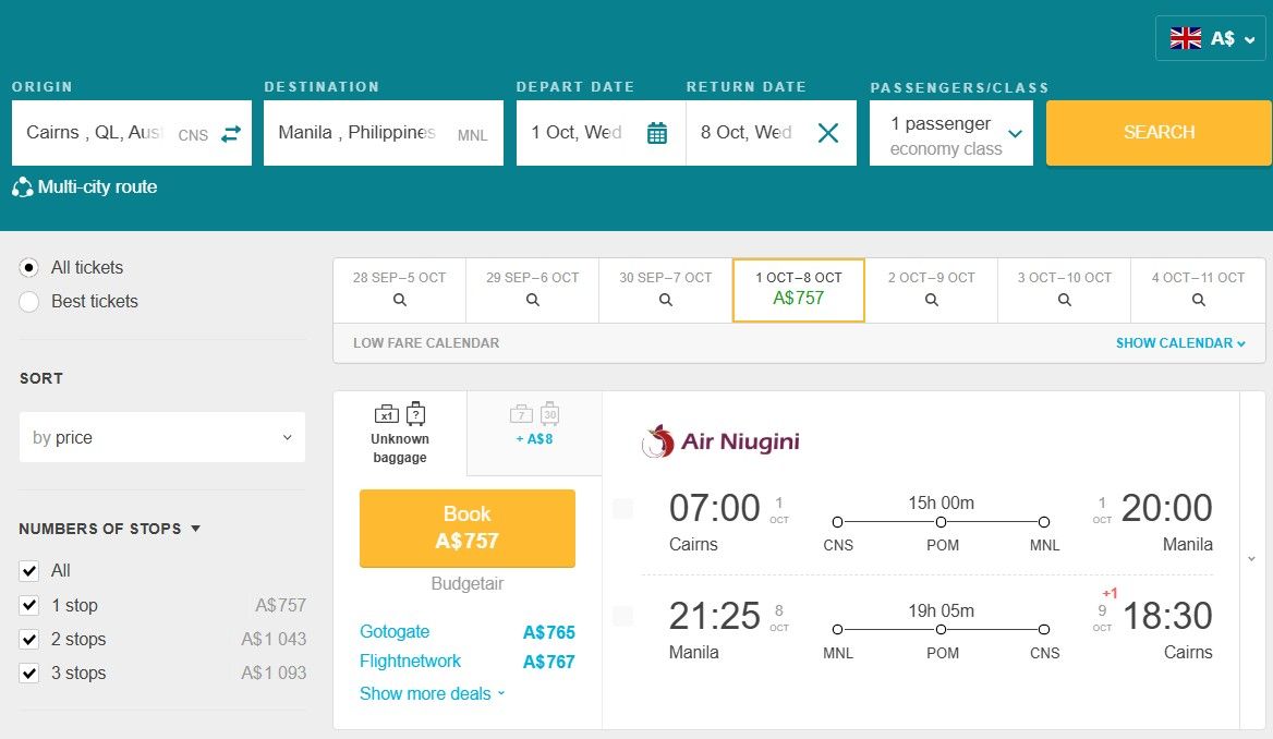 Cheap flights from Cairns, Australia to Manila, Philippines for only A$757 (round-trip)! 37% OFF! 1 CNS MNL