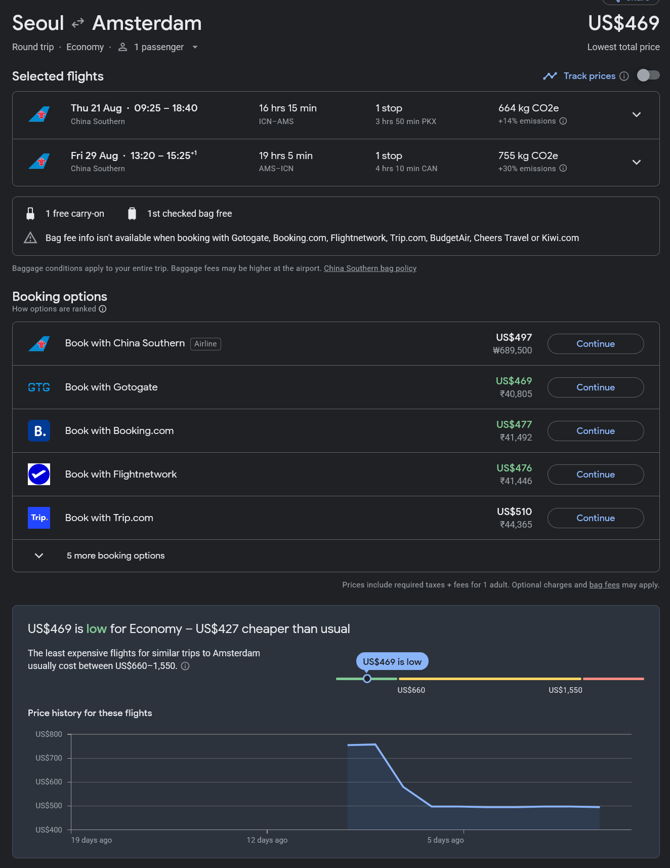 From Seoul to Amsterdam from only US$ 469 (round-trip) 1 china southern