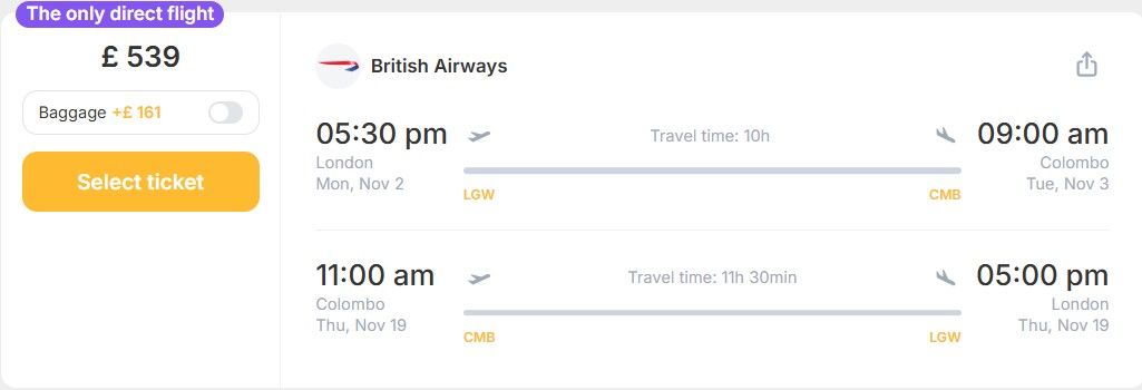 Cheap Flights from London, UK to Colombo, Sri Lanka for only £ 539 (round-trip)! 1 lgw cmb