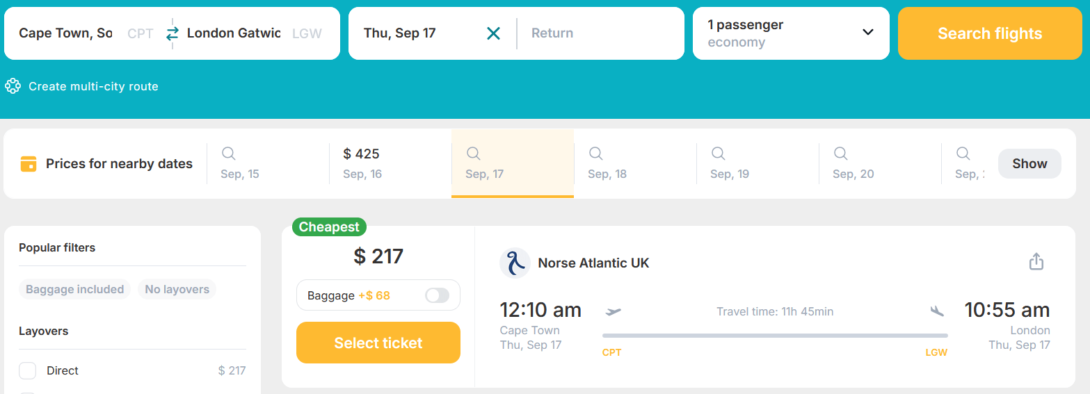 Hot Deal!: Fly nonstop from South Africa to UK for only US$217 (one-way)! 41% OFF! 1 norse