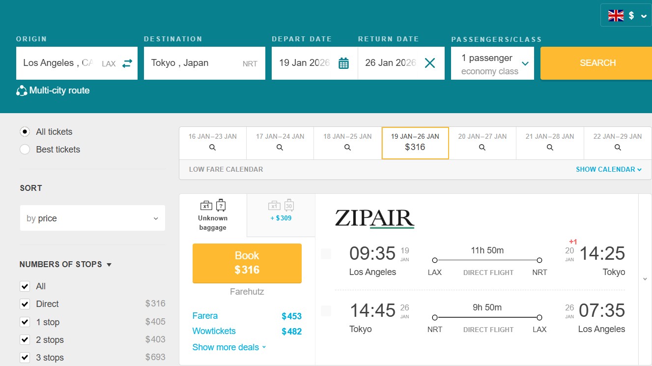 Cheap Flights from Los Angeles, California to Tokyo, Japan for only US$ 316 (round-trip)! 38% OFF! 1 LAX NRT