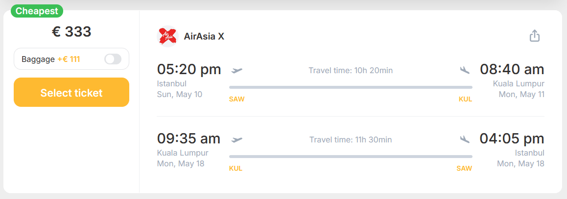 Hot Deal: Fly nonstop from Turkey to Malaysia from only €333 (round-trip) 44% OFF! 1 Air asia 1