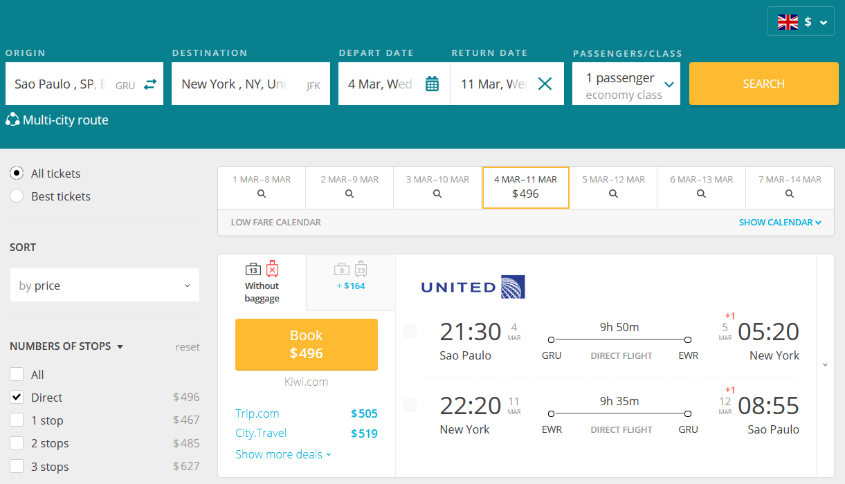 Flight Deal! Fly nonstop from Brazil to the USA from only US$496 (round-trip) - 33% OFF! 1 united