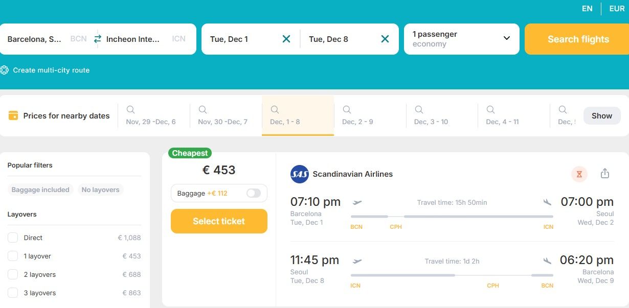 Cheap flights from Barcelona, Spain to Seoul, South Korea for only € 453 (round-trip)! 35% OFF! 1 BCN ICN
