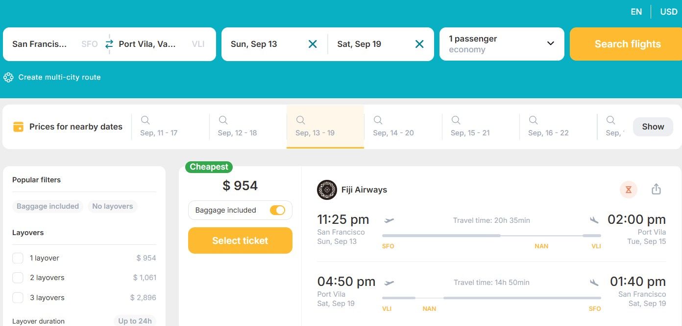 Cheap flights from California, USA to Port Vila, Vanuatu for only US$ 954 (round-trip)! 38% OFF! 1 SFO VLI 1