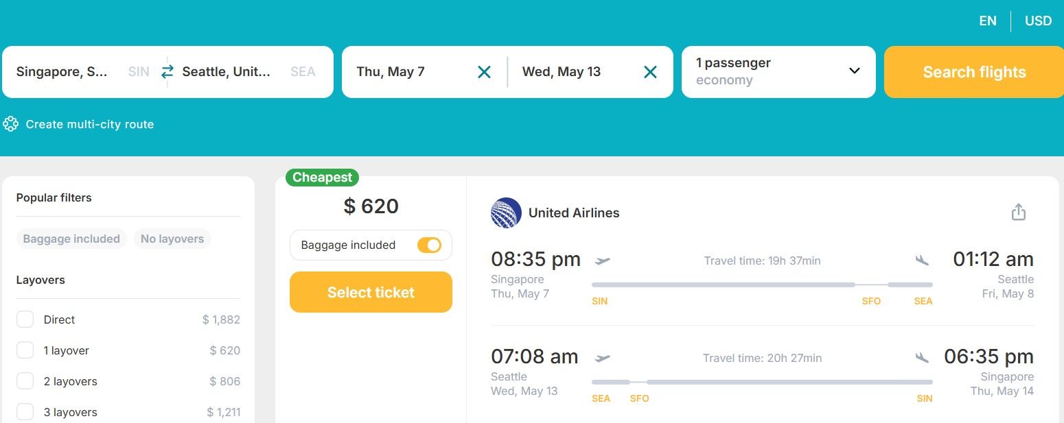 Cheap flights from Singapore to Seattle, USA for only US$ 620 (round-trip)! 32% OFF! 1 sin sea