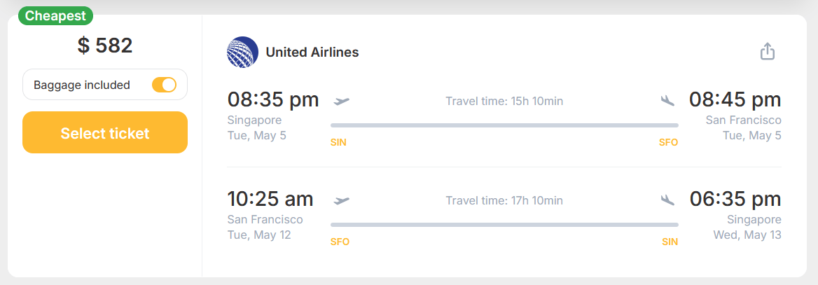 HOT! Fly nonstop from Singapore to the USA for only US$ 582 (round-trip) 55% OFF! 1 united airlines 1