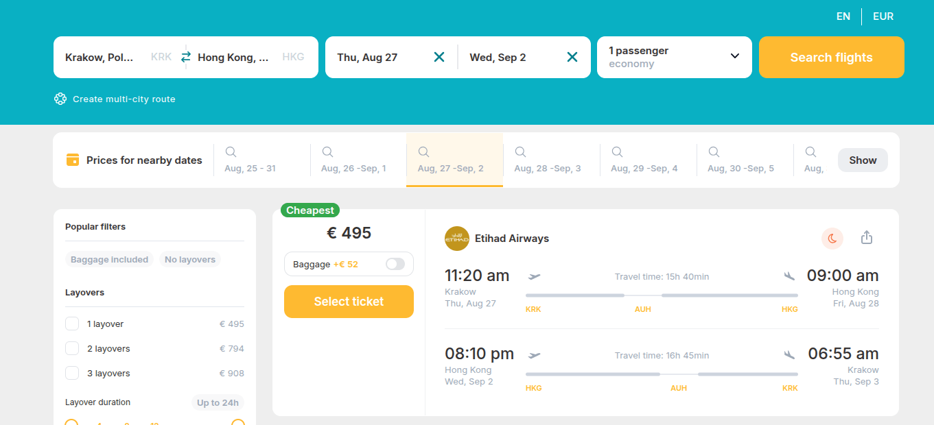 Cheap Flights from Krakow, Poland to Hong Kong for only € 495 (round-trip)! 39% OFF! 1 Screenshot 2026 06 08 09.54.09