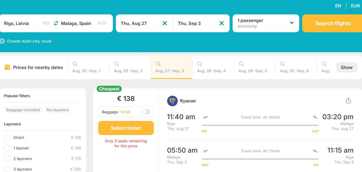 Cheap Nonstop Flights from Riga, Latvia to Malaga, Spain for only € 138 (round-trip)! 39% OFF! 1 rix agp