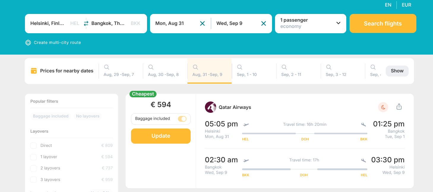 Cheap Flights from Helsinki, Finland to Bangkok, Thailand for only € 594 (round-trip)! 30% OFF! 1 Screenshot 2026 05 25 12.22.58
