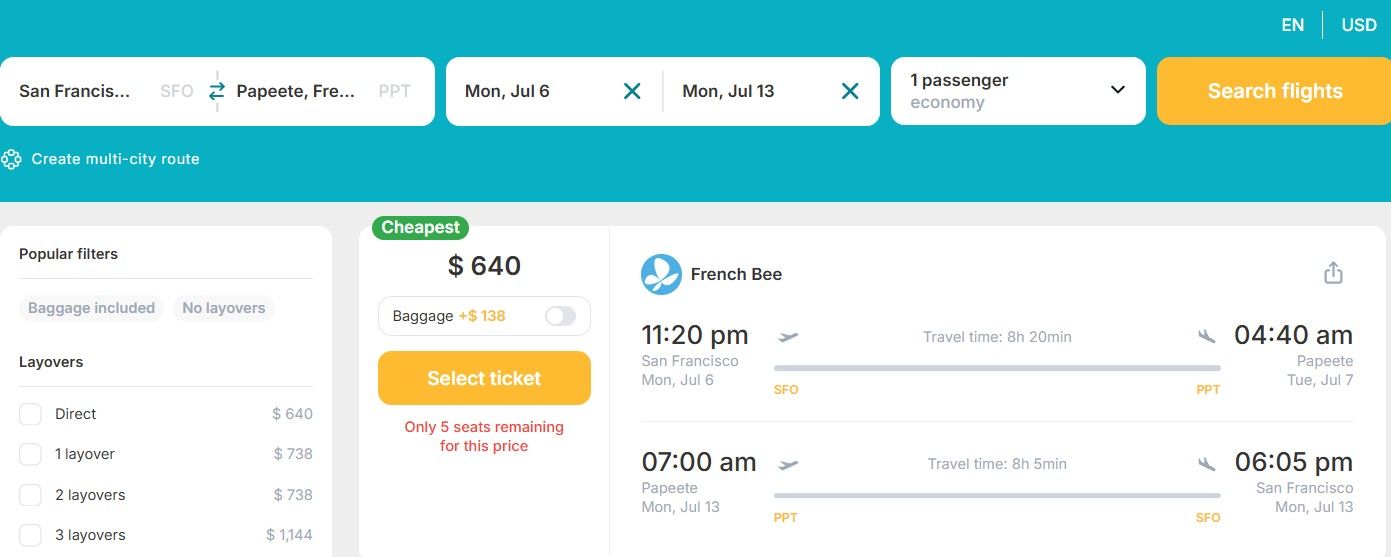 Cheap Flights from California, USA to Tahiti, French Polynesia for only US$ 640 (round-trip)! 36% OFF! 1 SFO PPT