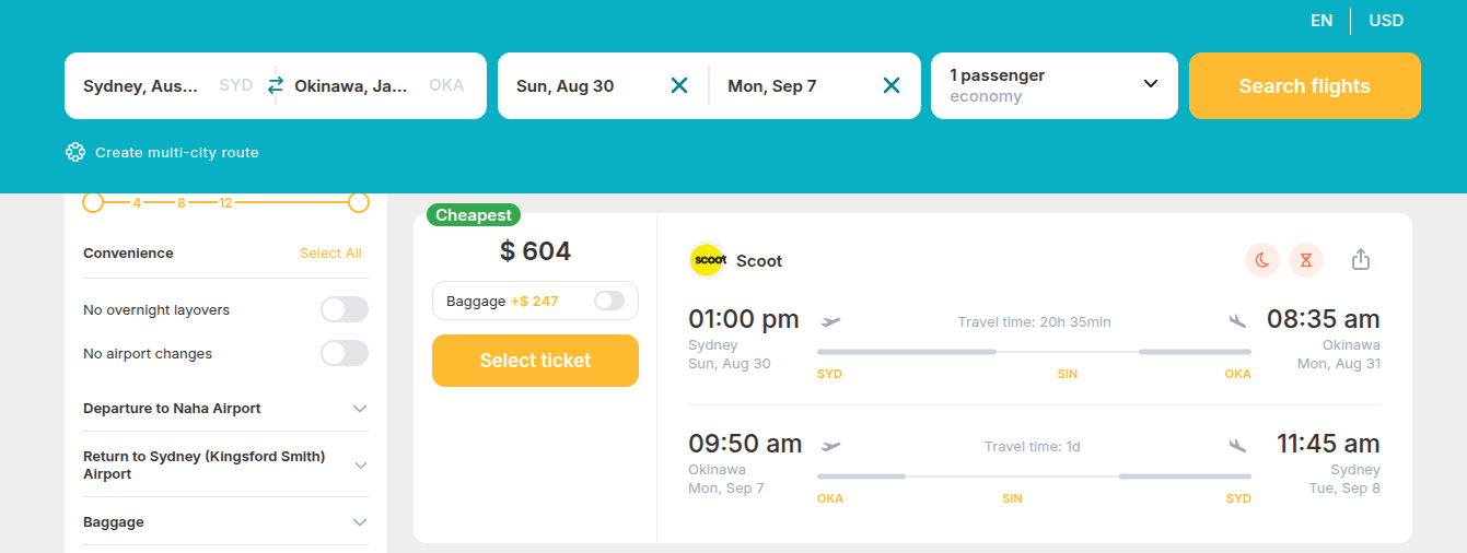 Cheap flights from Sydney, Australia to Okinawa, Japan for only US$ 604 (round-trip)! 37% OFF! 1 Screenshot 2026 07 15 12.04.20