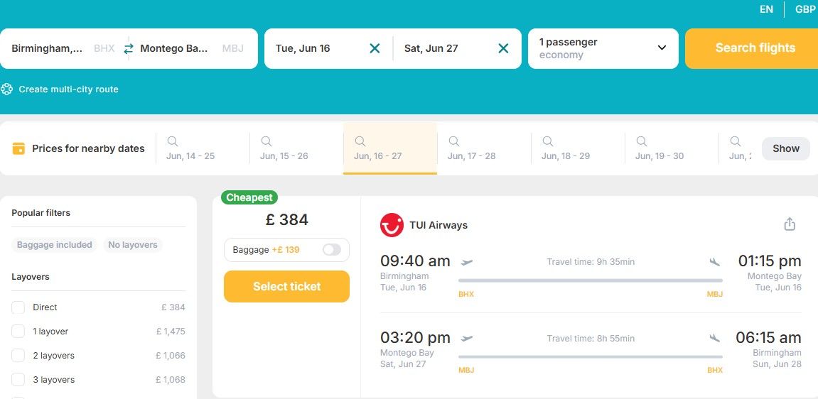 Cheap NONSTOP flights from Birmingham, UK to Montego Bay, Jamaica for only £ 384 (round-trip)! 1 bhx mbj