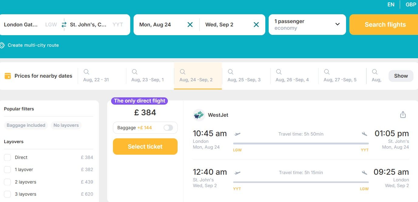 Cheap NONSTOP flights from London, UK to St. John's, Canada for only £ 384 (round-trip)! 40% OFF! 1 lgw yyt 1
