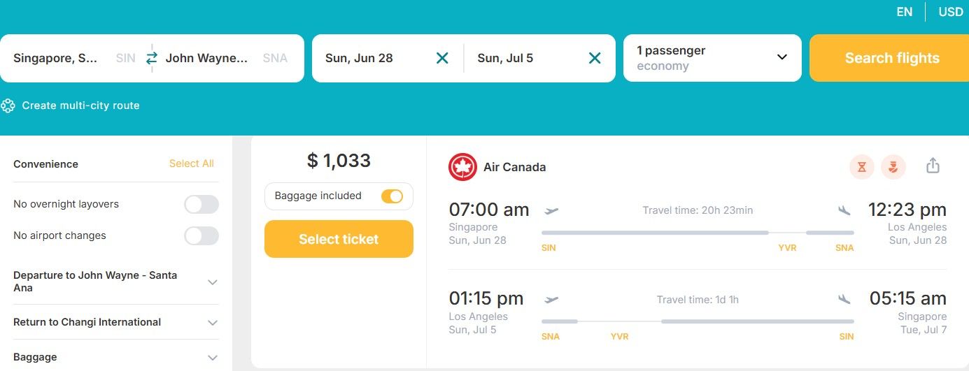 Cheap flights from Singapore to Santa Ana, California for only US$ 1,033 (round-trip)! 40% OFF! 1 sin sna