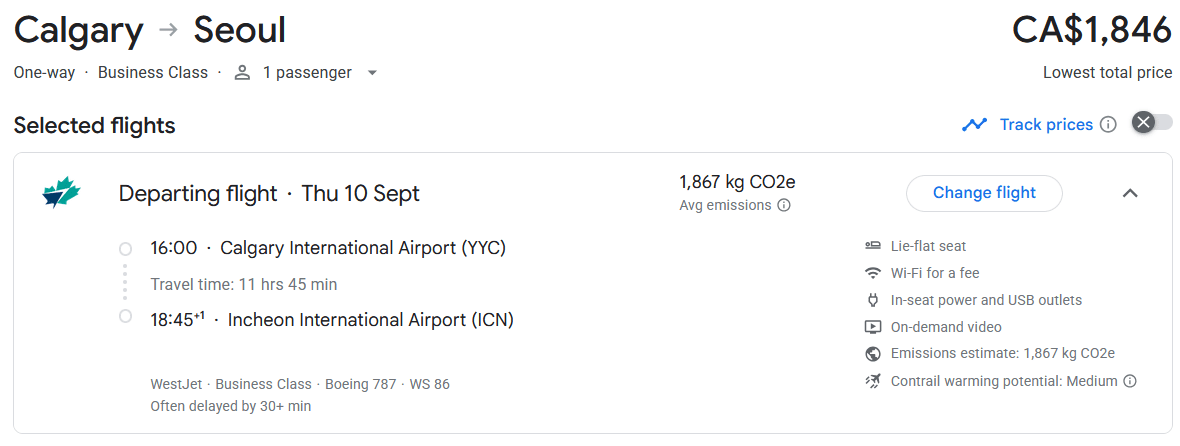 Hot! Fly NONSTOP in BUSINESS CLASS from Canada to South Korea for just CA$1,846 (one way)!! 1 westjet 1