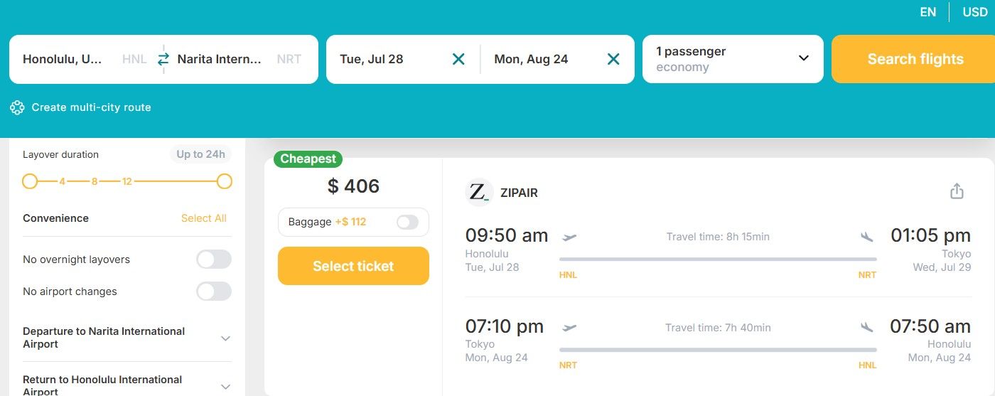 Cheap NONSTOP flights from Hawaii, USA to Tokyo, Japan for only US$ 406 (round-trip)! 1 HNL NRT