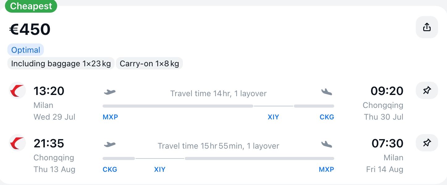 Full-Service Flights from Milan, Italy to Chongqing, China from €450! (round-trip) 1 Screenshot 10 7 2026 12529 www.aviasales.it