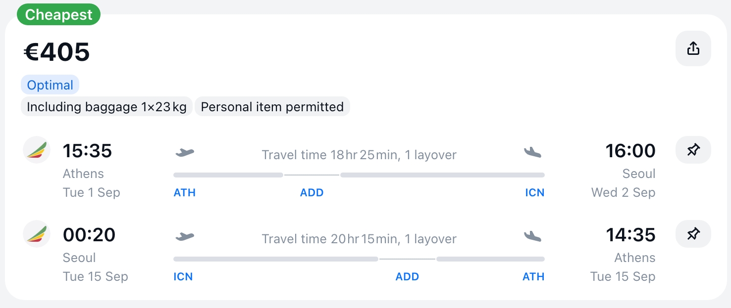Price Drop: Full-Service Flights from Greece to South Korea from โฌ405 (round-trip) 1 Screenshot 11 7 2026 17323 www.aviasales.gr