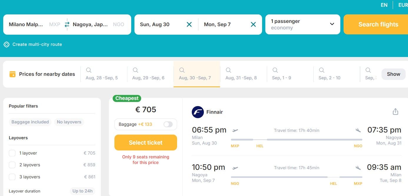 Cheap flights from Milan, Italy to Nagoya, Japan for only € 705 (round-trip)! 39% OFF! 1 mxp ngo