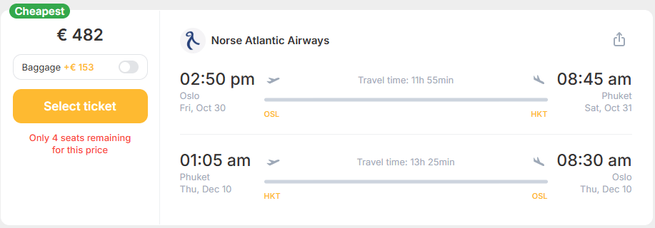 Cheap NONSTOP flights from Oslo, Norway to Phuket, Thailand for only € 482 (round-trip)! 1 osl hkt