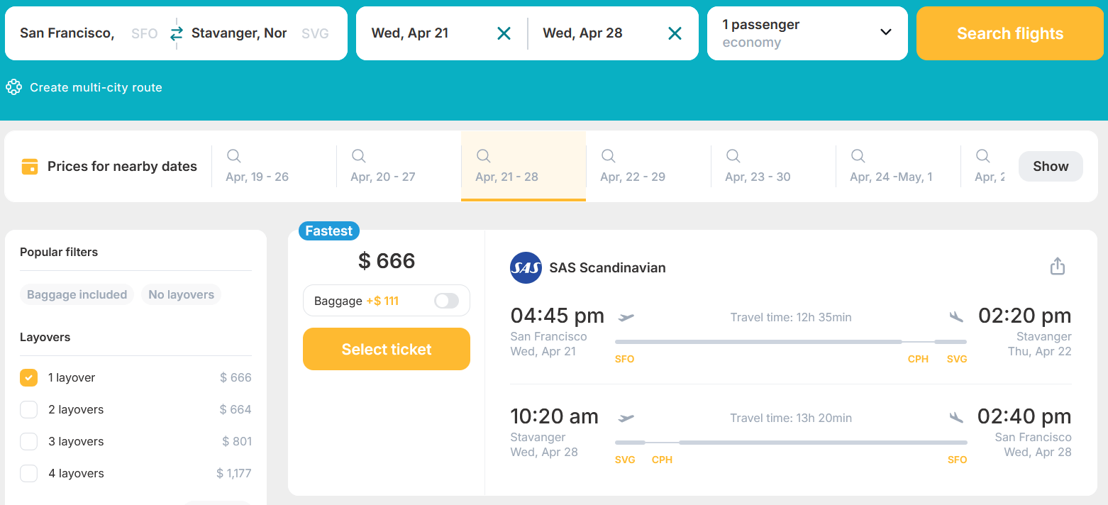 Fly from West Coast USA to Scandinavia from only US$ 666 (round-trip)!! 1 sas