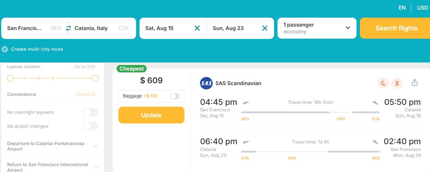 Cheap Flights from California, USA to Catania, Italy for only US$ 609 (round-trip)! 35% OFF! 1 sfo cta