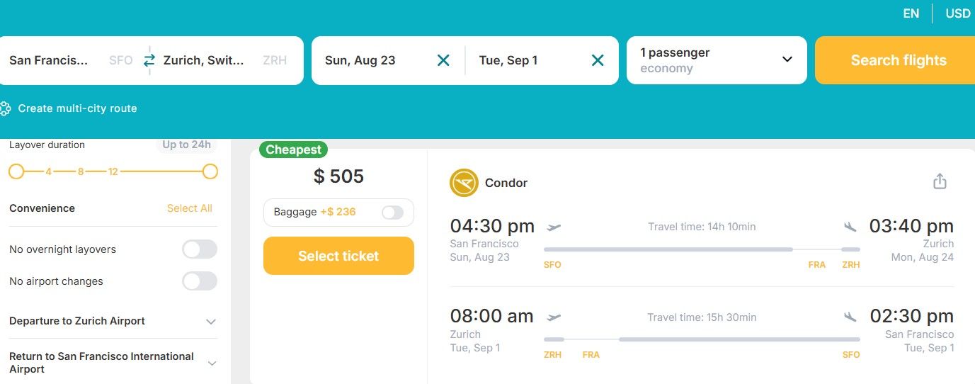 Cheap flights from California, USA to Zurich, Switzerland for only US$505 (round-trip)! 30% OFF! 1 sfo zrh