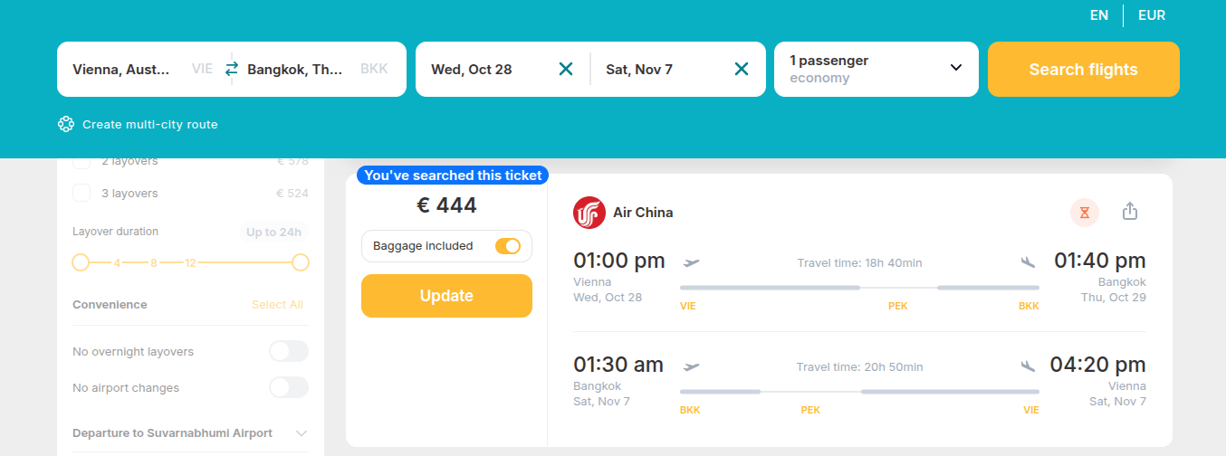 Cheap flights from Vienna, Austria to Bangkok, Thailand for only €444 (round-trip)! 1 Screenshot 2026 09 12 12.56.26