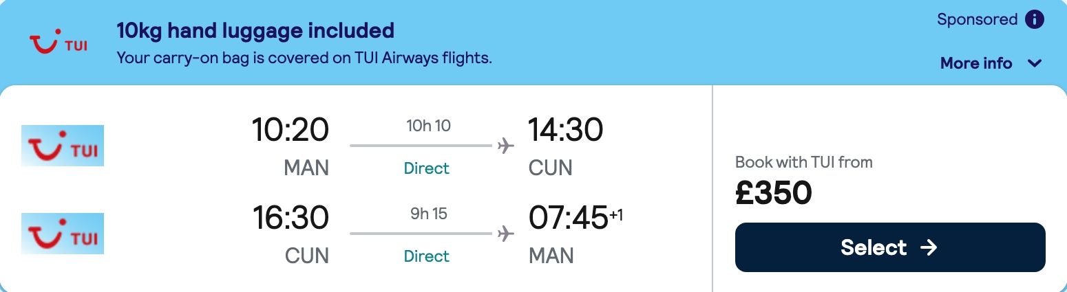 Nonstop Flights from Manchester, UK to Cancún, Mexico from £350 (round-trip) 1 Screenshot 6 8 2026 164035 www.skyscanner.net
