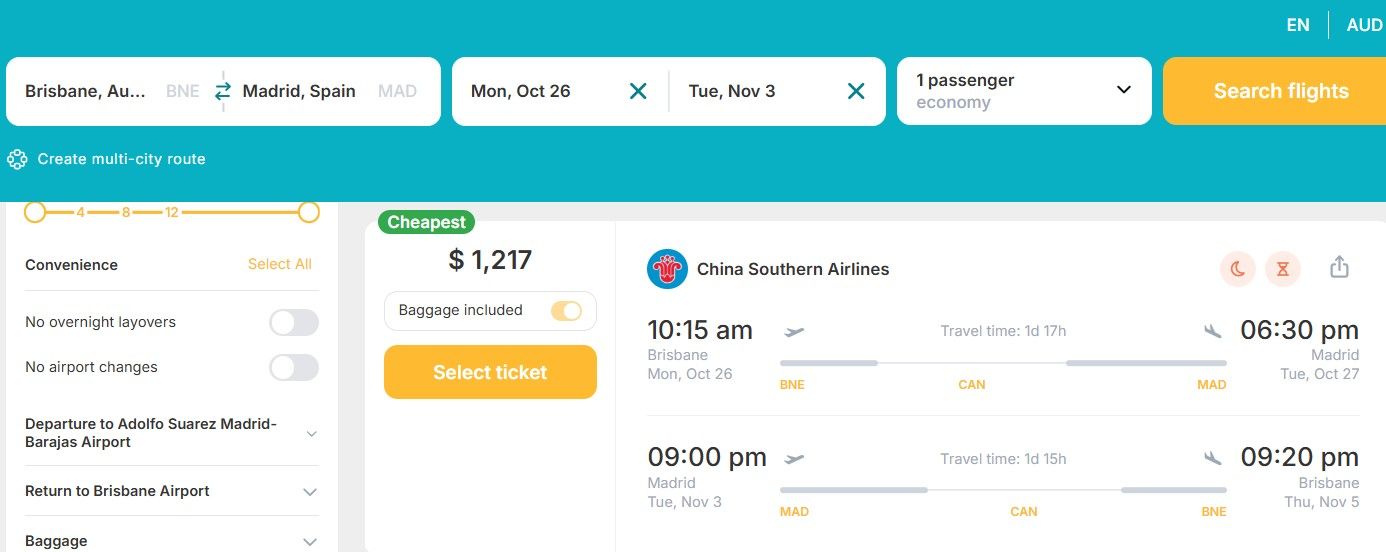 Cheap Flights from Brisbane, Australia to Madrid, Spain for only A$ 1,217 (round-trip)! 41% OFF! 1 bne mad