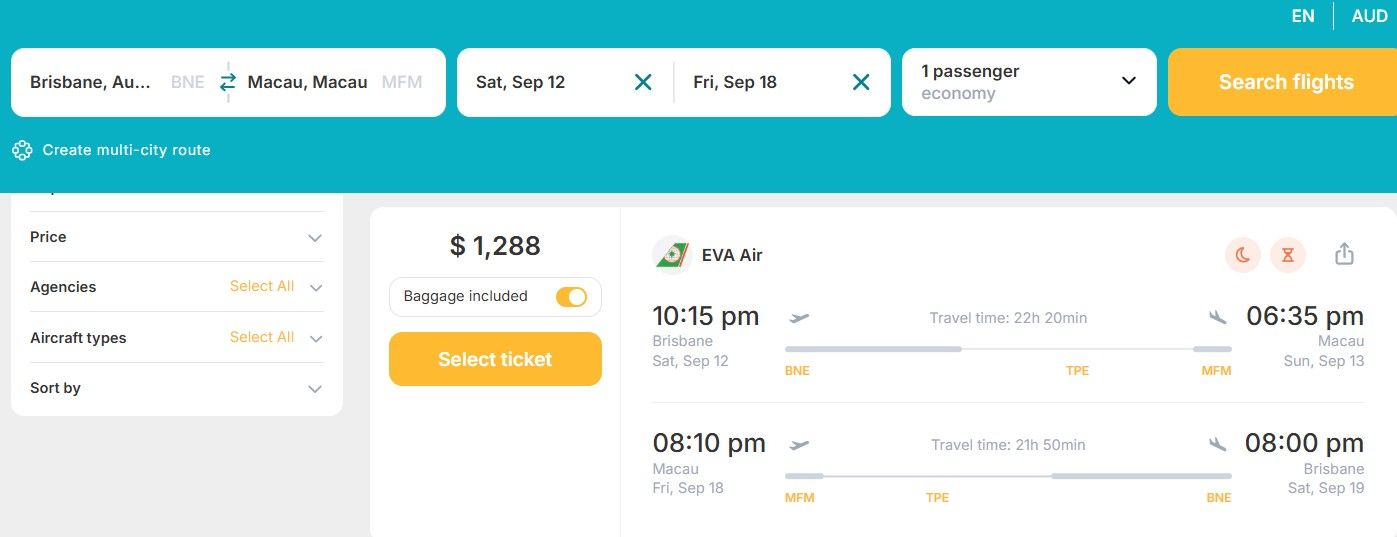 Cheap flights from Brisbane, Australia to Macau for only A$ 1,288 (round-trip)! 26% OFF! 1 bne mfm
