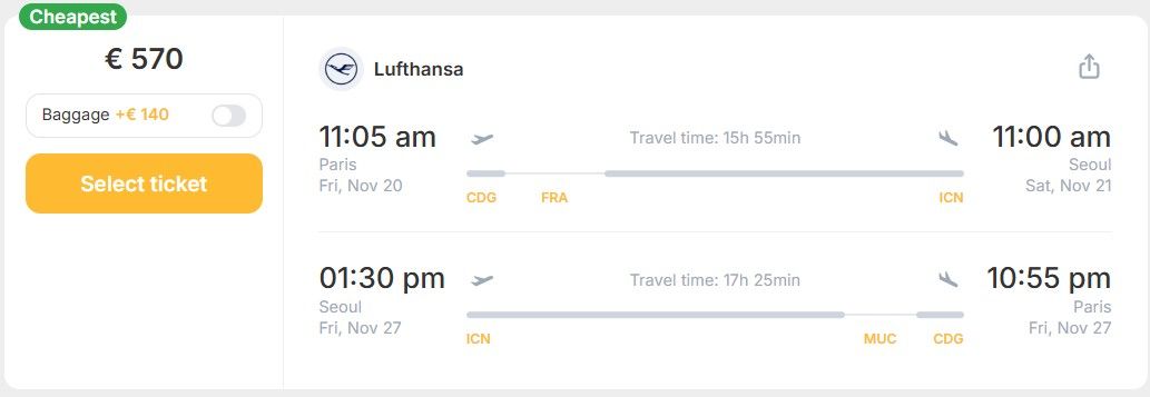 Cheap flights from Paris, France to Seoul, South Korea for only € 570 (round-trip)! 1 cdg icn