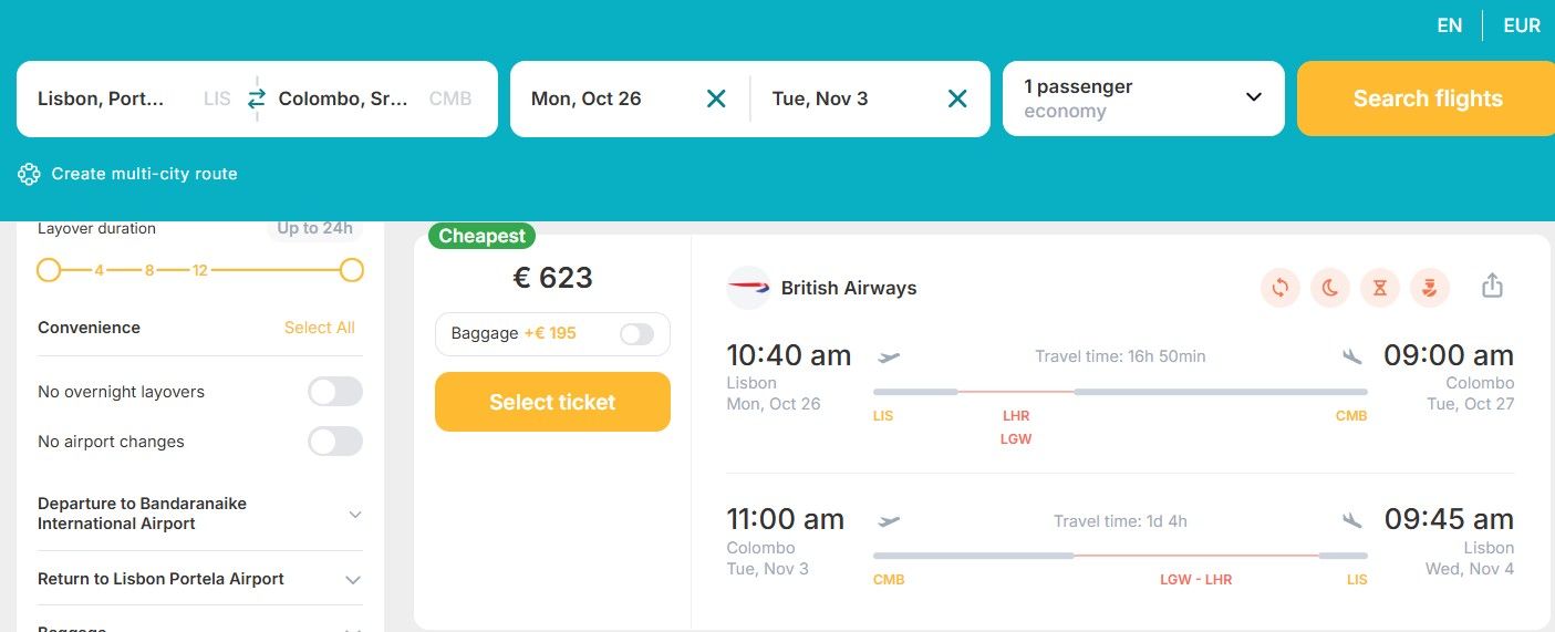 Cheap flights from Lisbon, Portugal to Colombo, Sri Lanka for only € 623 (round-trip)! 30% OFF! 1 lis cmb