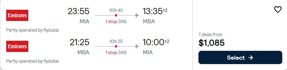 Full Service flights in top airline from USA to Mombasa, Kenya for only US$ 1,085 (round-trip)! 34% OFF! 1 mia mba