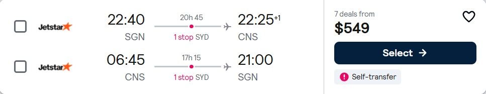 Cheap flights from Ho Chi Minh City, Vietnam to Cairns, Australia for only US$ 549 (round-trip)! 42% OFF! 1 sgn cns