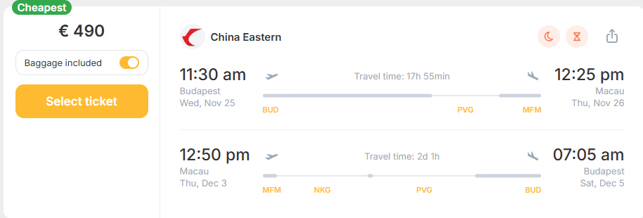Cheap flights from Budapest, Hungary to Macau, China for only € 490 (round-trip)! 1 BUD MFM