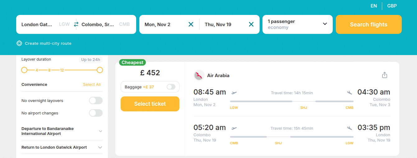 Cheap Flights from London, UK to Colombo, Sri Lanka for only £ 452 (round-trip)! 1 Screenshot 2026 10 06 12.43.21