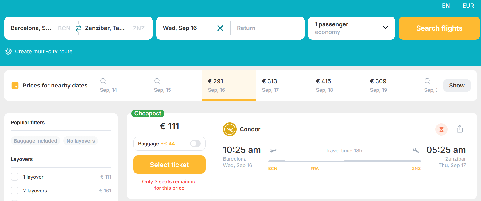 Last Minute Deal! Fly from European cities to Zanzibar, Tanzania for just €111 (one way) - 55% OFF! 1 condor