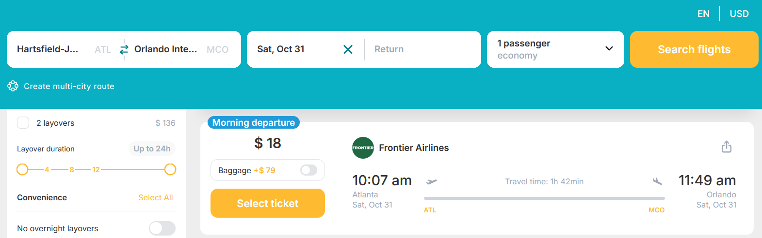 HOT DEAL!!: Fly from Atlanta to Florida, USA for just US$18 (one way) - 42% OFF! 1 frontier airlines 1
