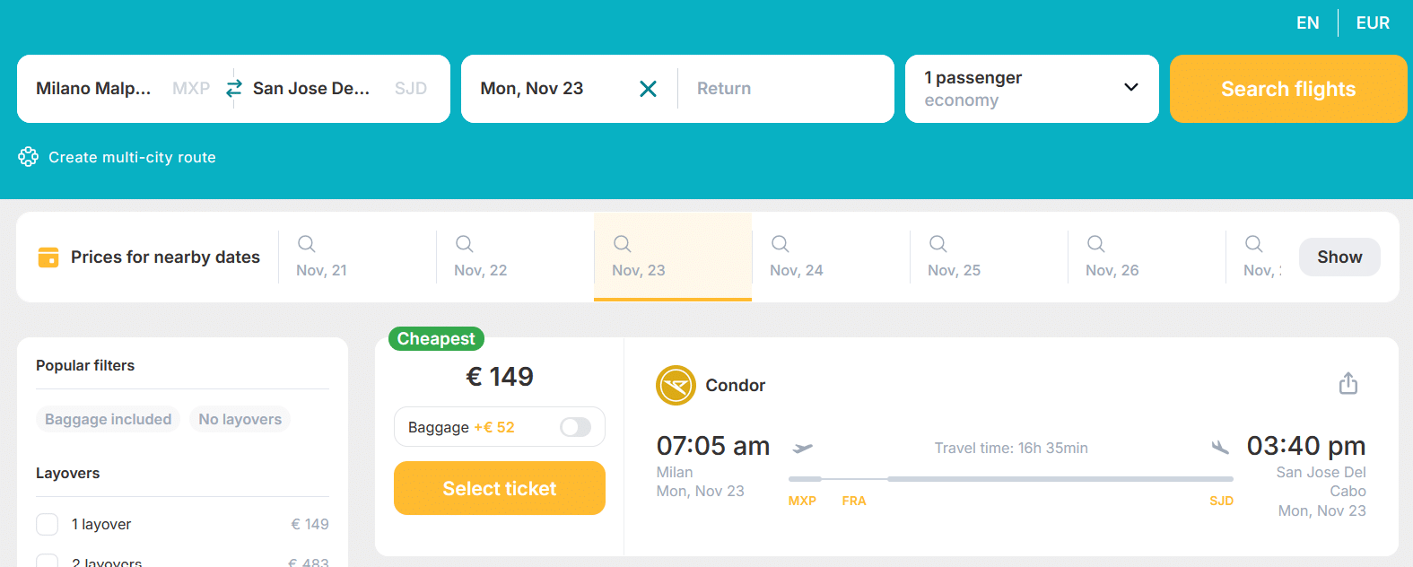 Hot! Fly from Italy to San Jose del Cabo, Mexico for just €149 (one way) - 45% OFF! 1 Condor 1