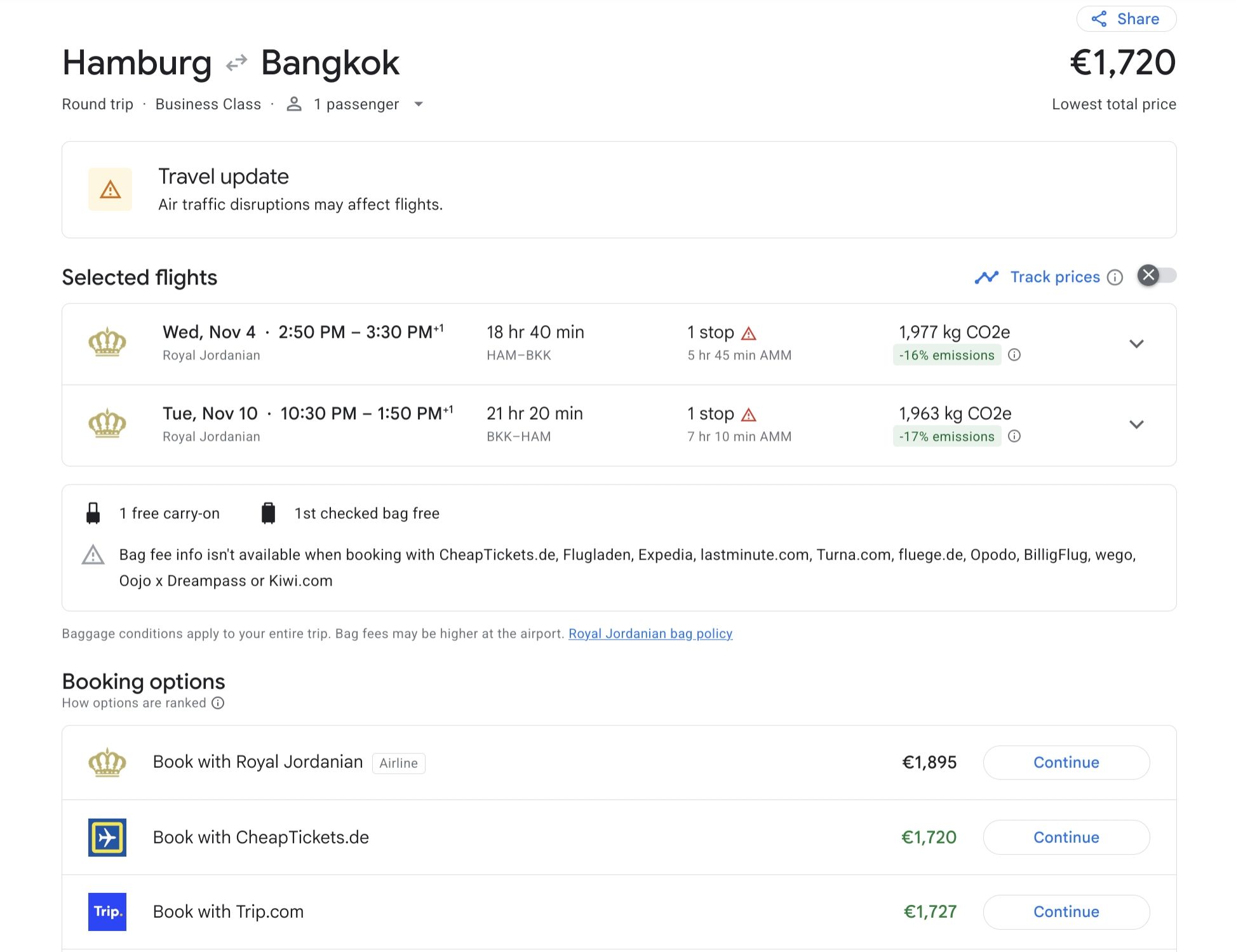Fly in BUSINESS CLASS from Germany to Thailand for only €1,720 (round-trip) 1 Screenshot 20261020 184542