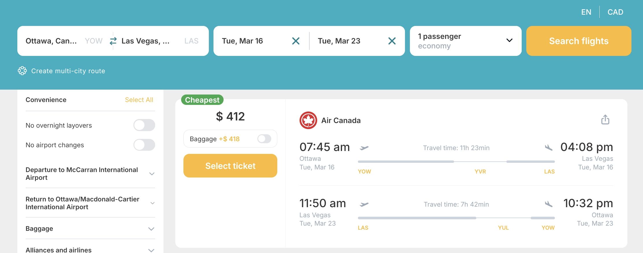 Cheap Flights from Ottawa, Canada to Las Vegas, USA from only CA$ 412 (round-trip) 1 Screenshot 20261024 130536