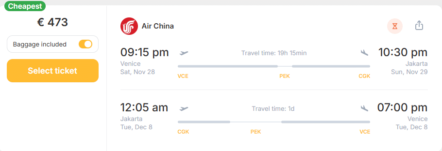 Cheap Full-Service flights from Venice, Italy to Jakarta, Indonesia for only € 473 (round-trip)! 30% OFF! 1 VCE CGK