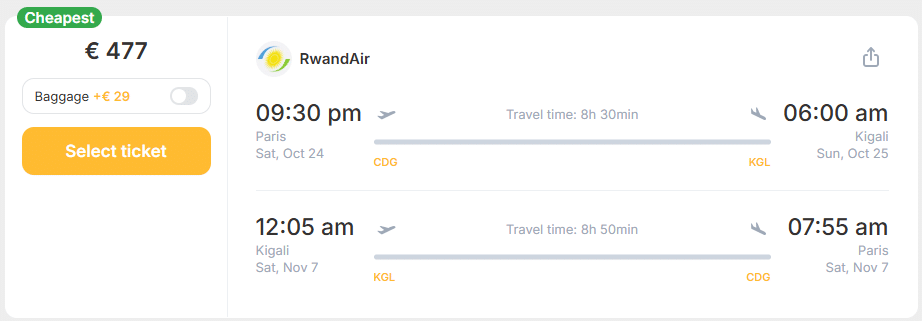 Cheap nonstop flights from Paris, France to Kigali, Rwanda for only € 477 (round-trip)! 1 cdg kgl